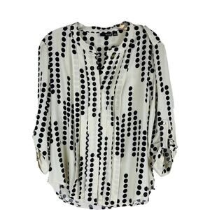 ANA cream black polka dot pleated preppy office button front blouse top medium